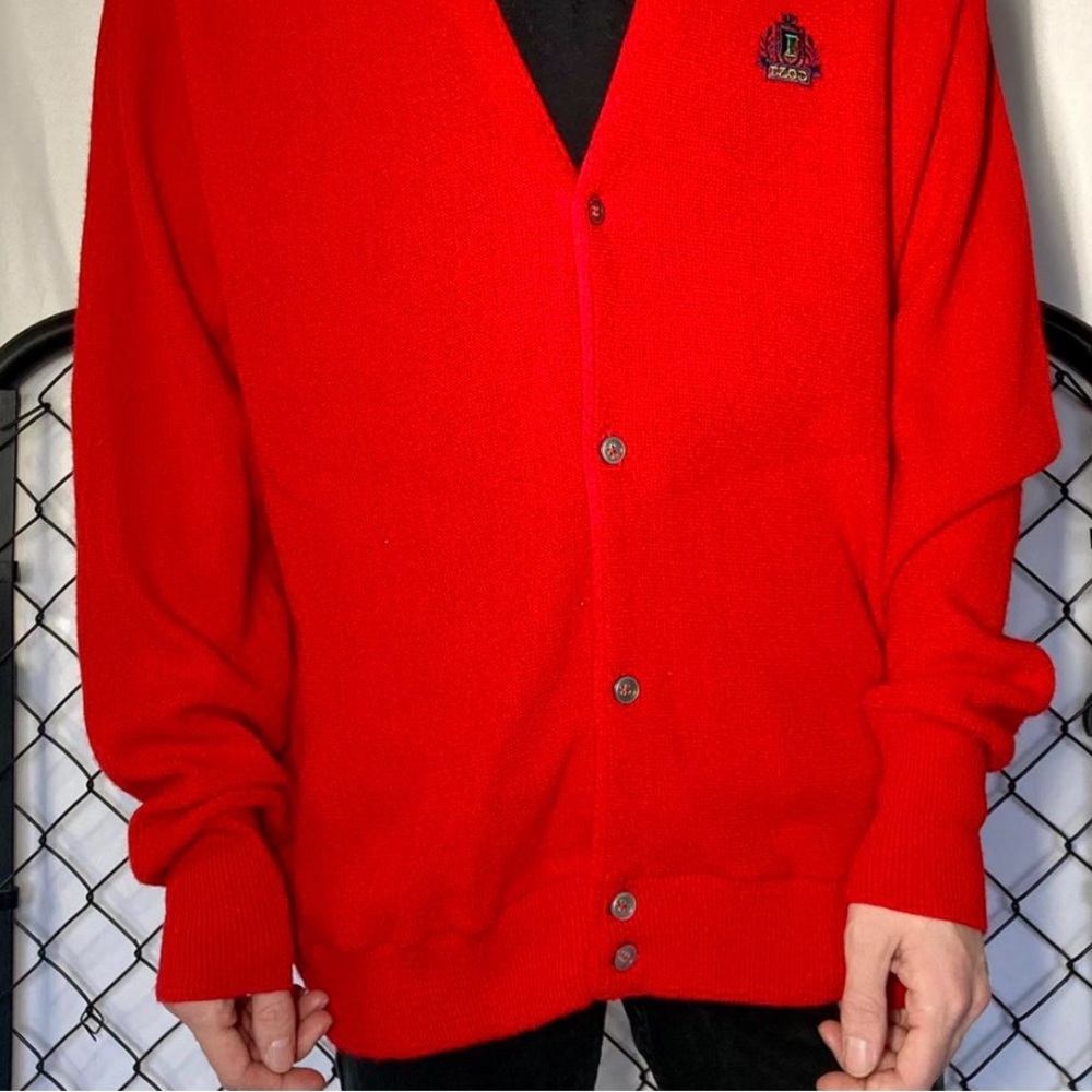 IZOD Red V-Neck Button Front Cardigan‎ Sweater Mens Size L Made in USA